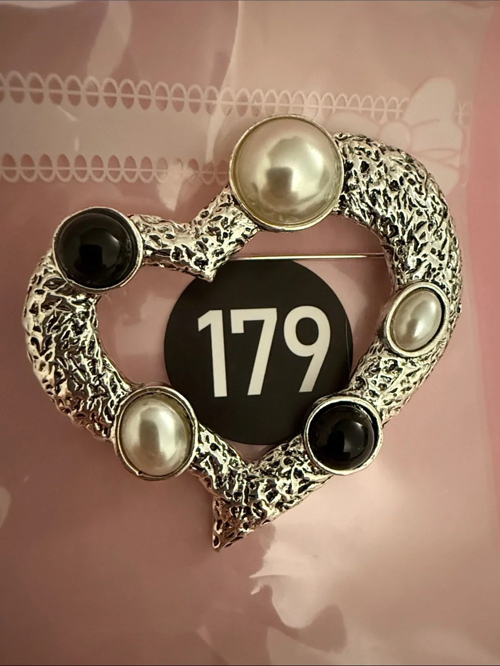 Silver Heart Brooch with Black and Pearl Accents